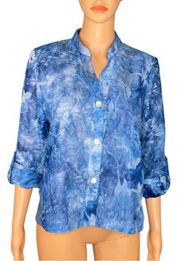 Ruby Rd. Button-Down Blue Watercolor Tye Die Pattern Semi Sheer 3-4 Sleeve SZ 8P